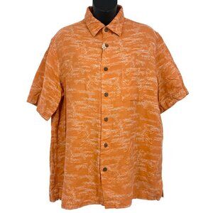 Vintage Silk Men Size Medium M Orange Short Sleeve Shirt Silk Linen Fish EUC